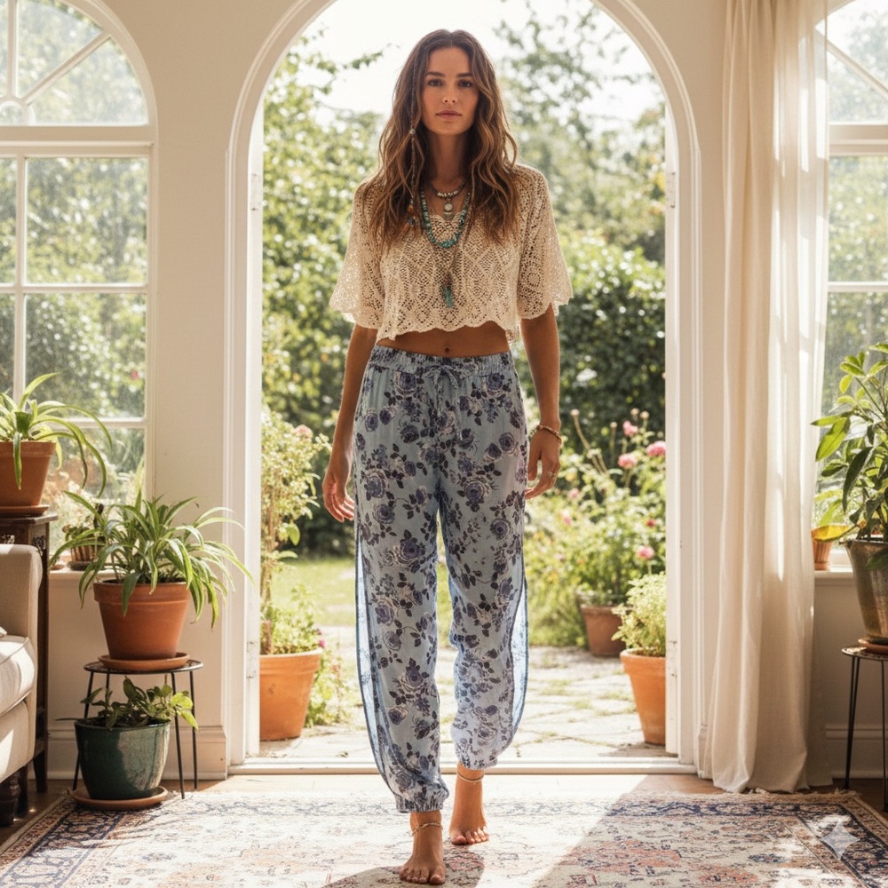 Forever 21 Boho Side Split Blue Rose Floral Genie Harem Ankle Pants Joggers S